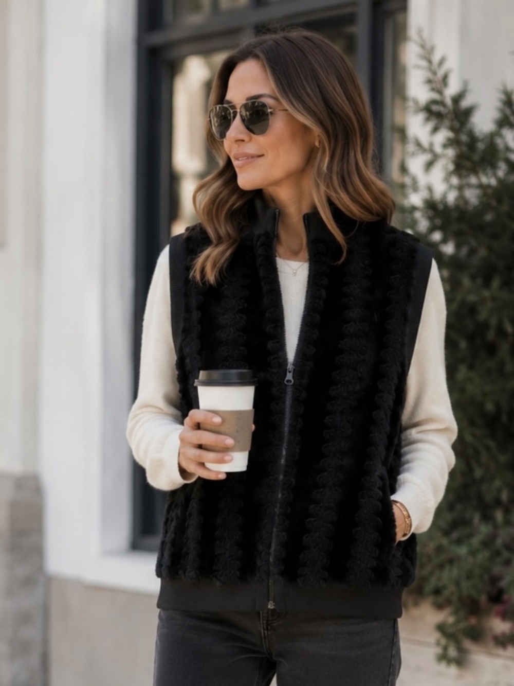 Sport Haley Black Faux Fur Zip Front Vest XL Textured Plush